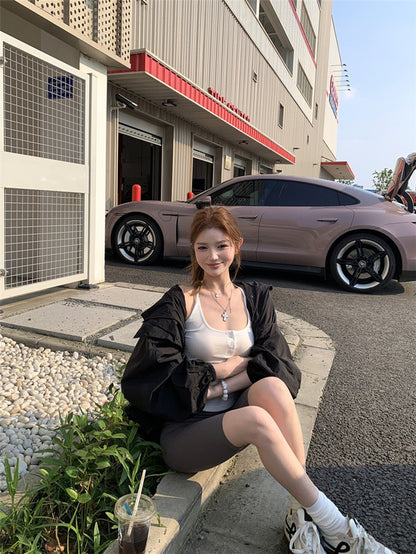 Jun. 美式寬鬆輕薄防曬連帽工裝外套 黑色