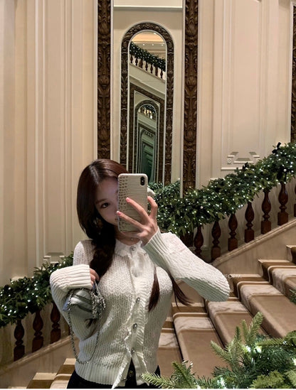 Mar. 早春甜心 Jennie香香同款氣質白針織背心開衫兩件組 白