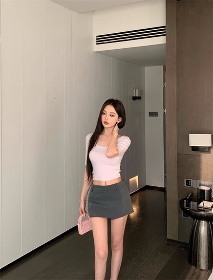 Jun. 日美氣質 修身大U領中袖上衣 淺粉紫 低腰側拉鍊褲裙 灰色褲裙