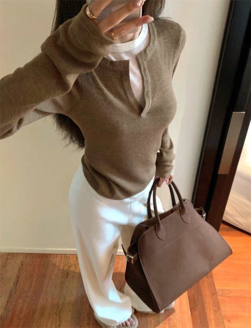 Feb. 中性美 慵懶休閒假兩件式拼色圓領上衣 黑/卡