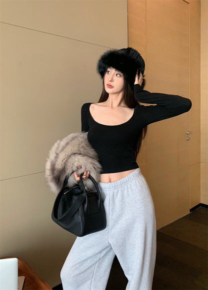 25Jul. 歐美簡約大方領彈力上衣 紅/黑