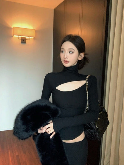 Jan. 設計感縷空疊穿高領打底上衣 黑