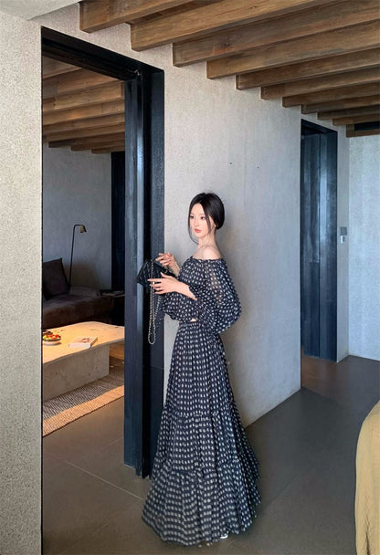 25Nov. ❤️心波點wings公主復古泡泡一字領半身裙套裝 白/黑