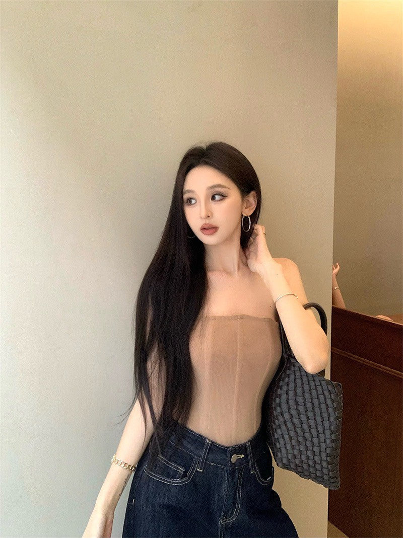 Jun. 古典攻略 魚骨曲線修身抹胸 卡 遮胯寬顯瘦高腰牛仔褲