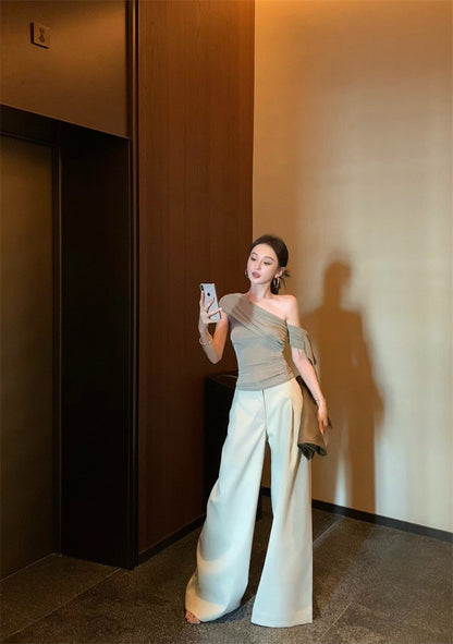 Jun. 姐系高智 單肩飄帶彈力上衣 時髦簡約休閒褲 杏