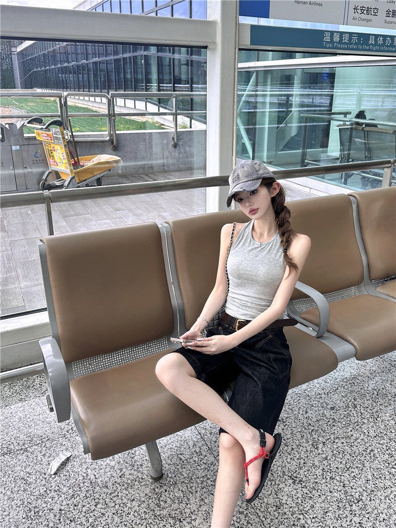 26Jun. 復古高腰原色五分牛仔褲 圓領背心