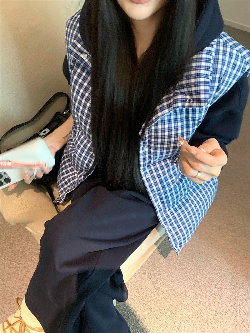 Feb. 韓星慵懶掛 休閒連帽外套 鬆緊休閒褲 格紋羽絨背心