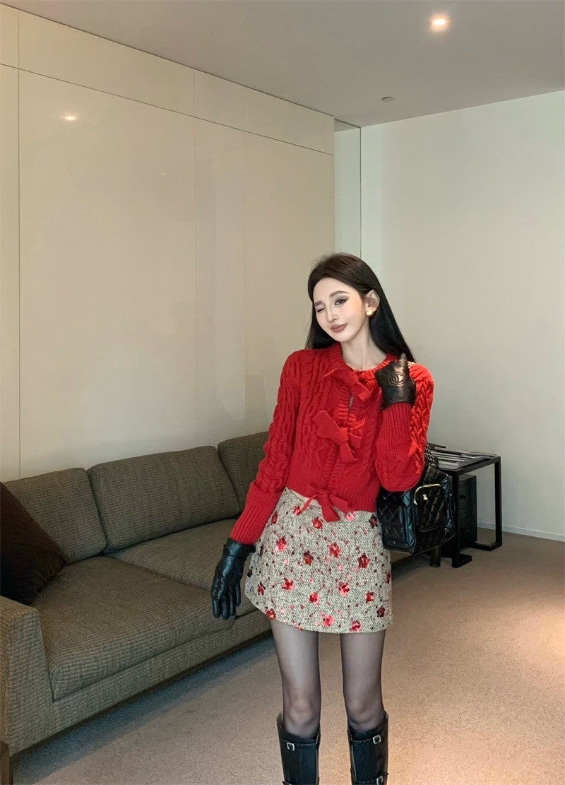 Feb. 一起過節 氛圍感重工蝴蝶結針織上衣 麻編亮片半身裙 紅