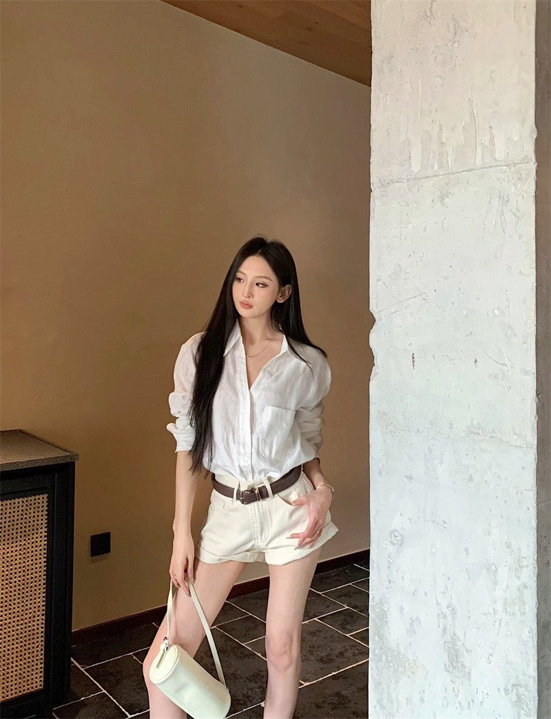 25Aug. LUP休閒王牌亞麻襯衫 翻摺休閒短褲 米白色系