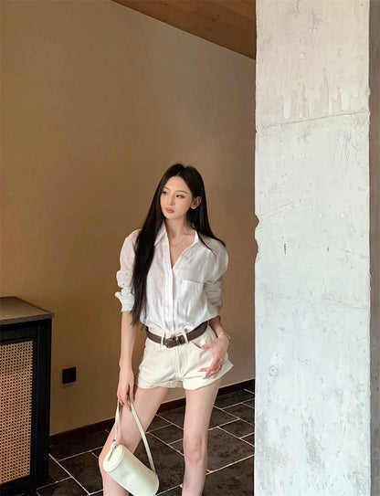 25Aug. LUP休閒王牌亞麻襯衫 翻摺休閒短褲 米白色系