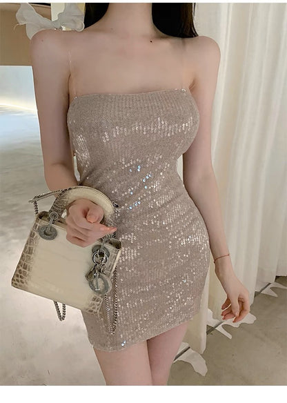 Apr. 人魚綺夢 香檳粉色亮片綁帶抹胸連身裙