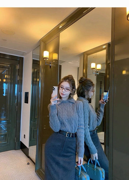 25Dec. 高智小圓33綿羊混毛翻/立領兩穿針織 灰