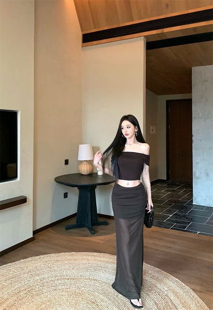 Jun. 淺辣girl 復古一字領透紗半身裙套裝 咖