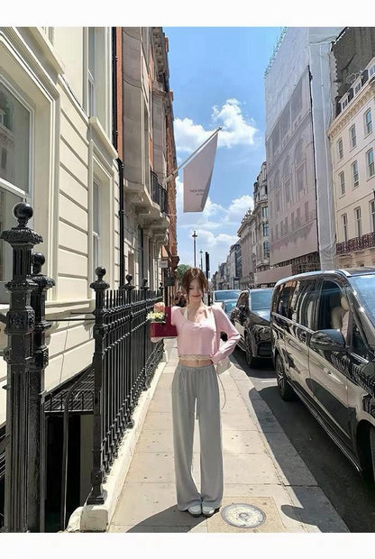 26Oct. 嬌女鬆弛蕾絲T恤上衣兩件套/純色休閒褲 粉/黑白