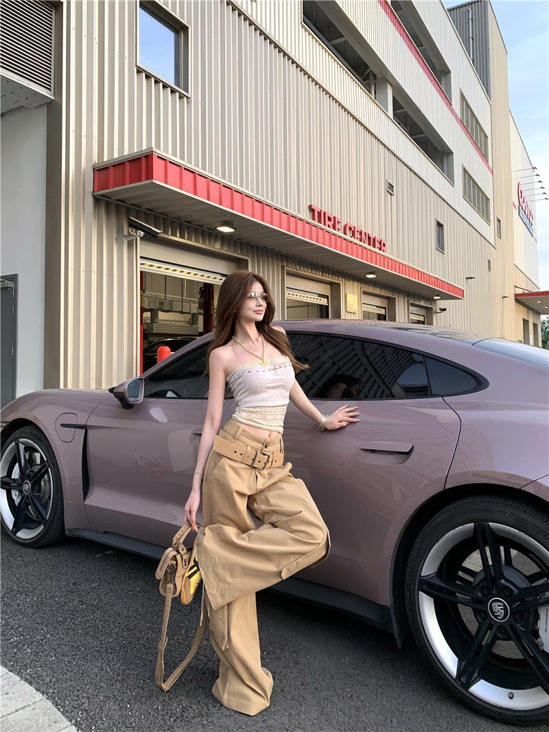 Jun. 痞甜陷阱真兩件式疊穿蕾絲抹胸 卡其工裝休閒褲