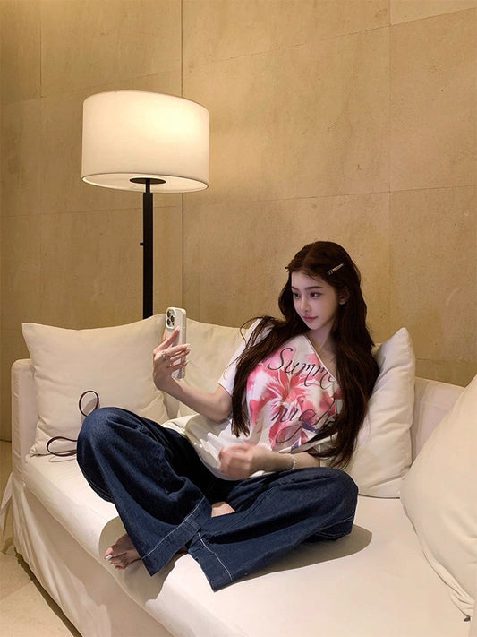 25Aug. 暈染海棠花斜肩寬鬆上衣