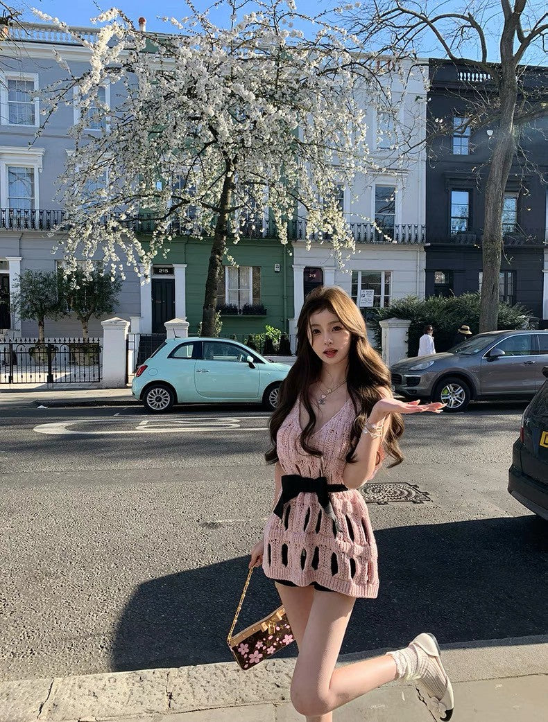 Jun. 重工25香奶奶粗針縷空背心針織上衣 粉