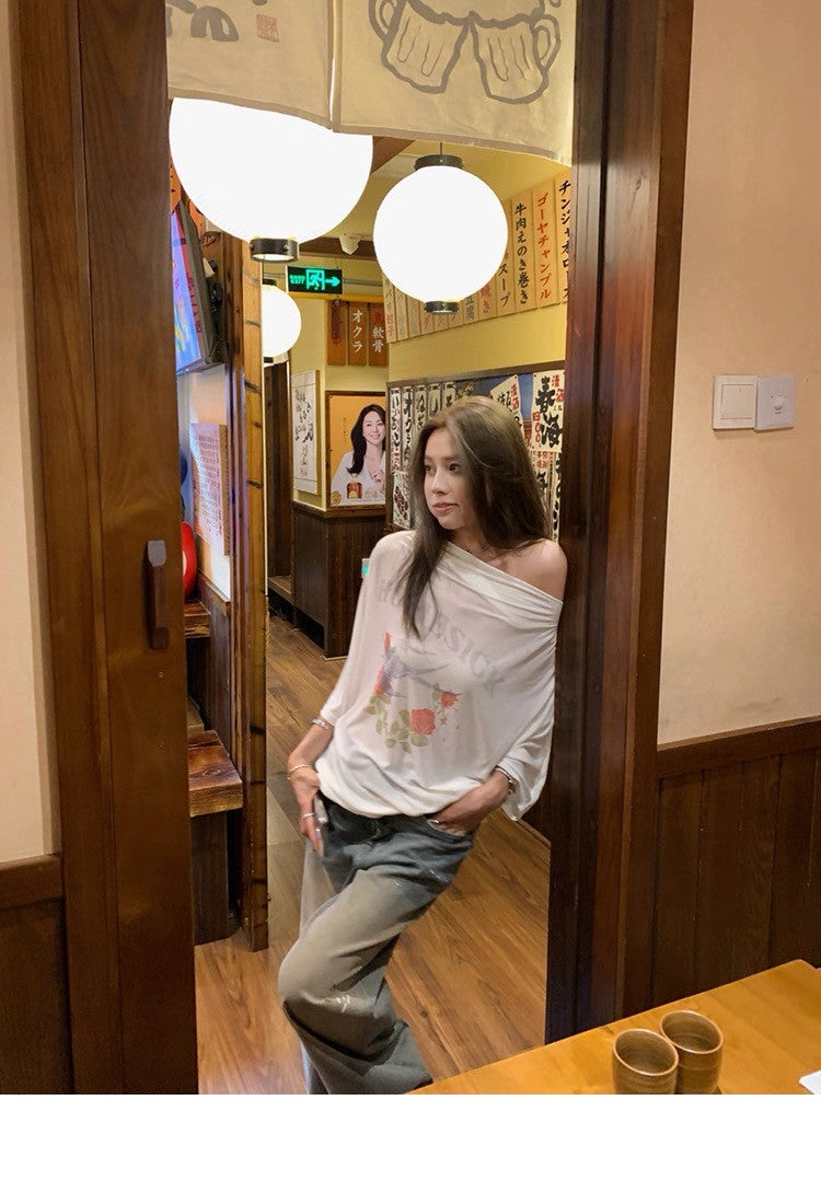 25Aug. 休閒透棉薄料金珍妮同款斜肩上衣