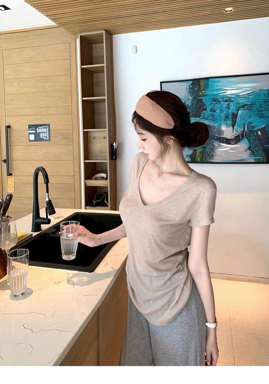 25Aug. 軟軟奶芙寬鬆V領棉Tee  奶粉色/燕麥色