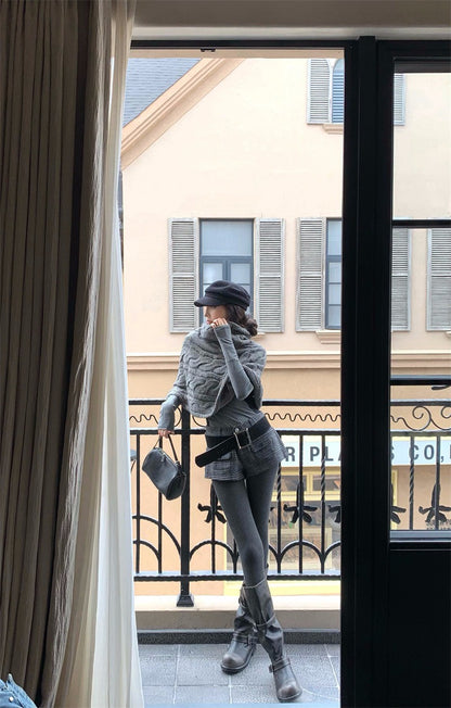 25Dec. 斗篷均碼多用法式花紗針織/英格蘭復古格紋短褲 灰色系