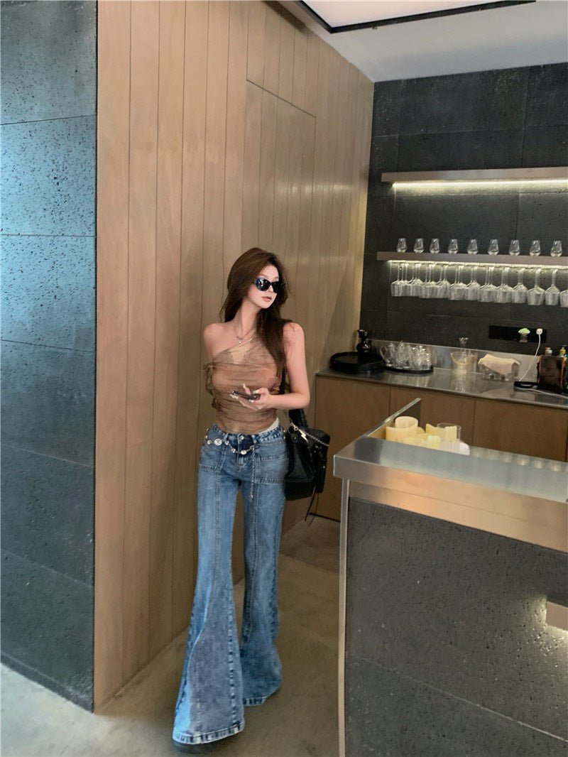 Jun. 復古回歸千禧美式網紗上衣 立體分割水洗喇叭牛仔褲