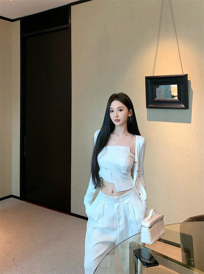 Jun. Origin 自然老錢 不規則抹胸高腰闊腿褲套裝 杏