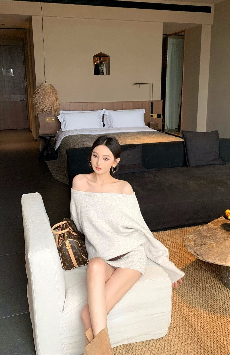 26Jan. 溫柔復古一字領連身針織裙套裝 灰/杏