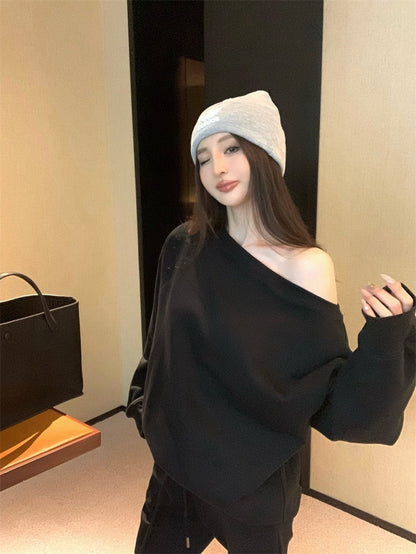 25Jul. 美式時髦穿 休閒純色上衣喇叭褲套裝 黑