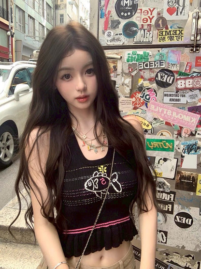 Jun. 童趣魚兒刺繡 收腰花瓣針織背心 黑