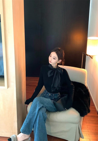 Feb. 內搭高手 綁帶蝴蝶領純色長袖上衣 黑