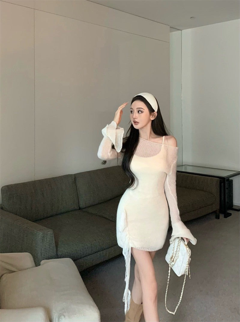 Jan. Cellos*nata裙擺玫瑰 溫柔疊穿同色系連身裙 針織外罩裙 杏色