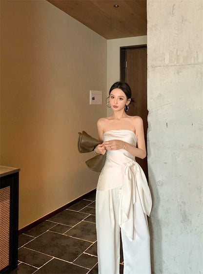 May. 米蘭假期 優雅可拆絲帶抹胸 休閒闊腿褲 白