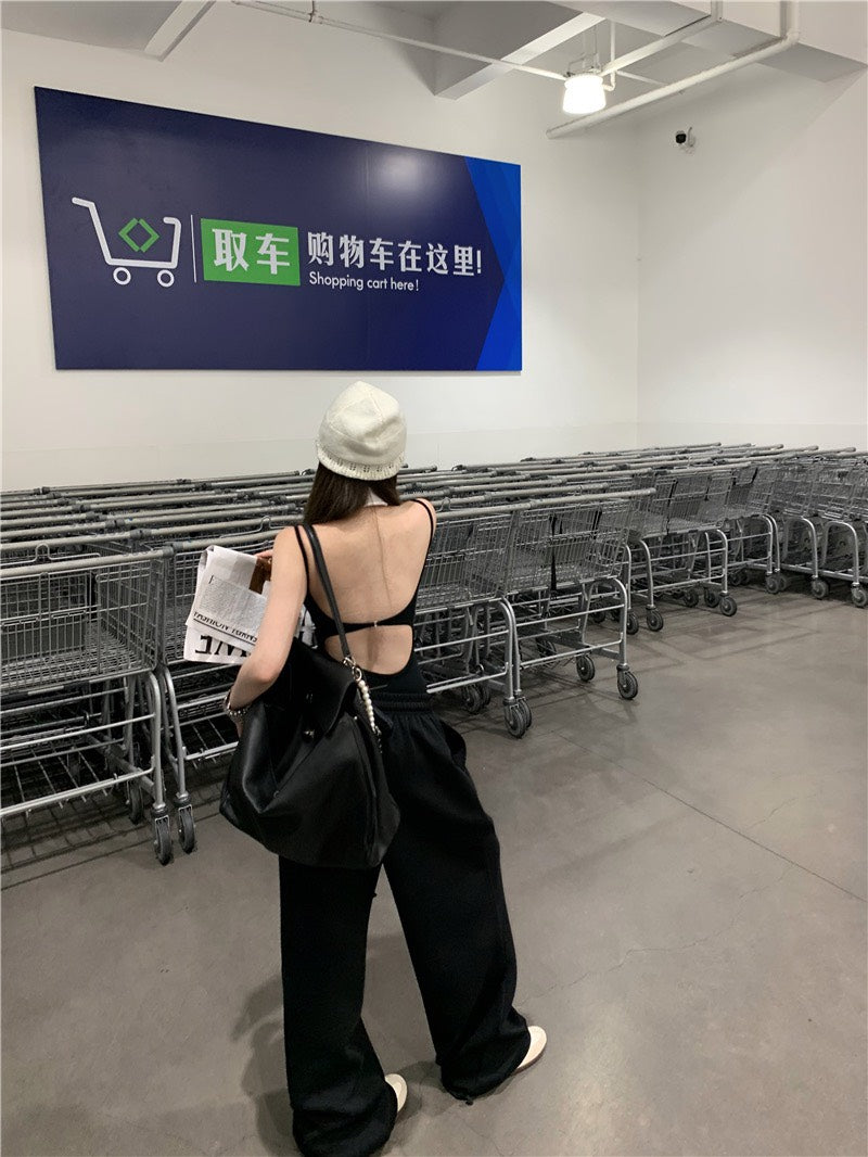 Jun. 歐美辣妹top高腰連體背心 鬆緊休閒褲 黑