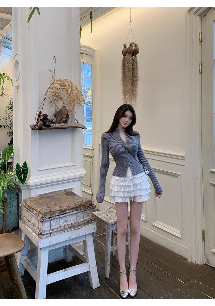 25Oct. 高智灰色立領拉鍊修身針織外套