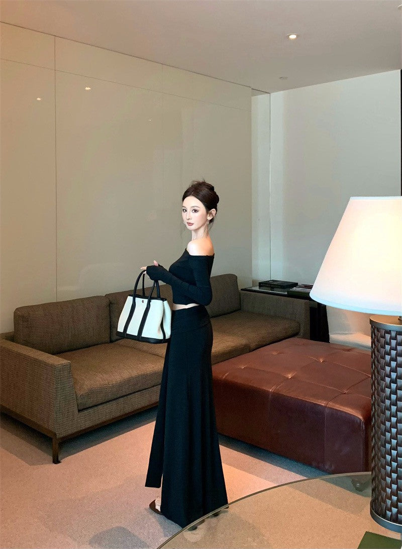 26Jan. 歐美身材比一字領貼身綁帶半身裙套裝 杏奶/黑