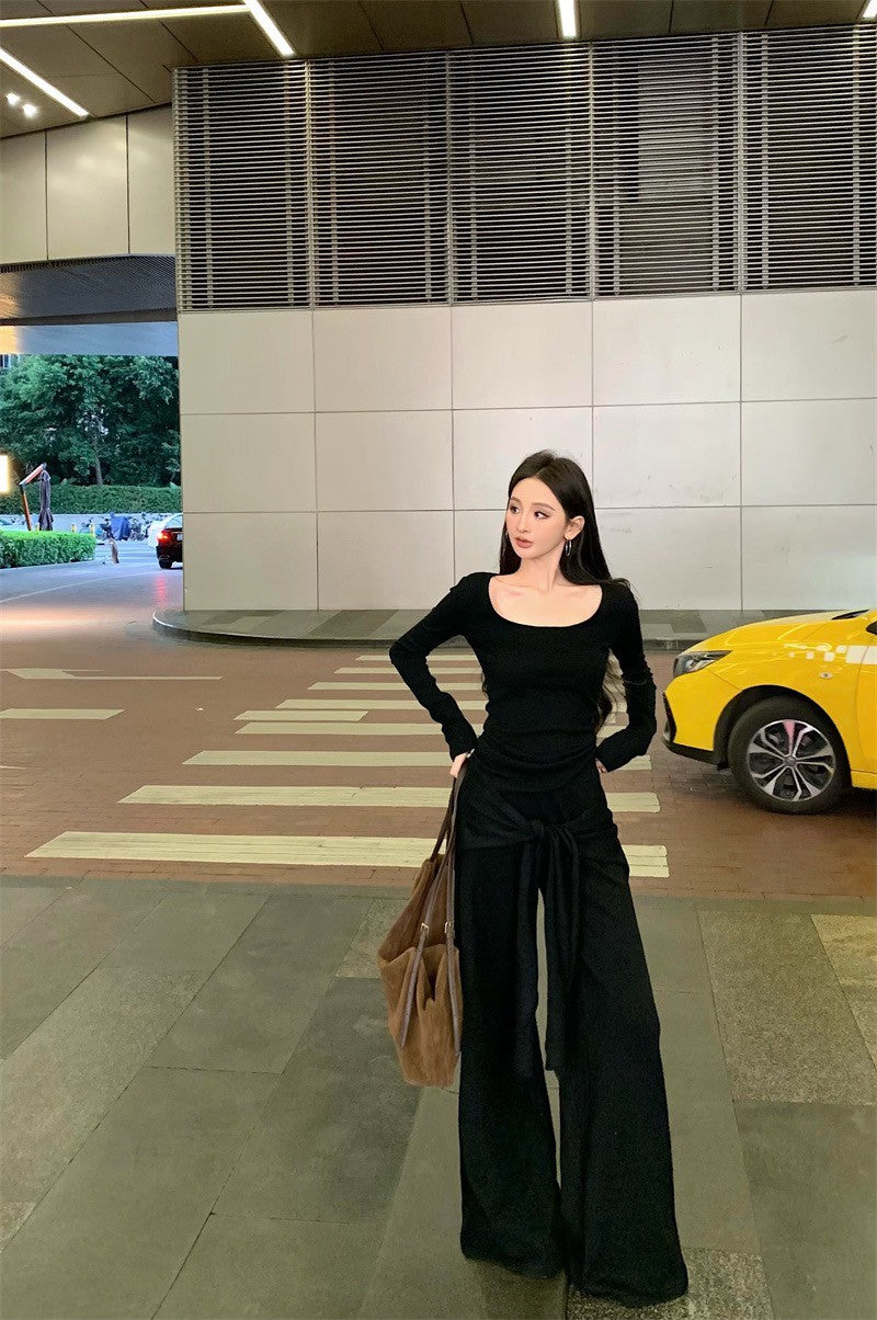 May. Lu系紙片系列 大U領上衣假兩件式綁帶休閒褲套裝 黑