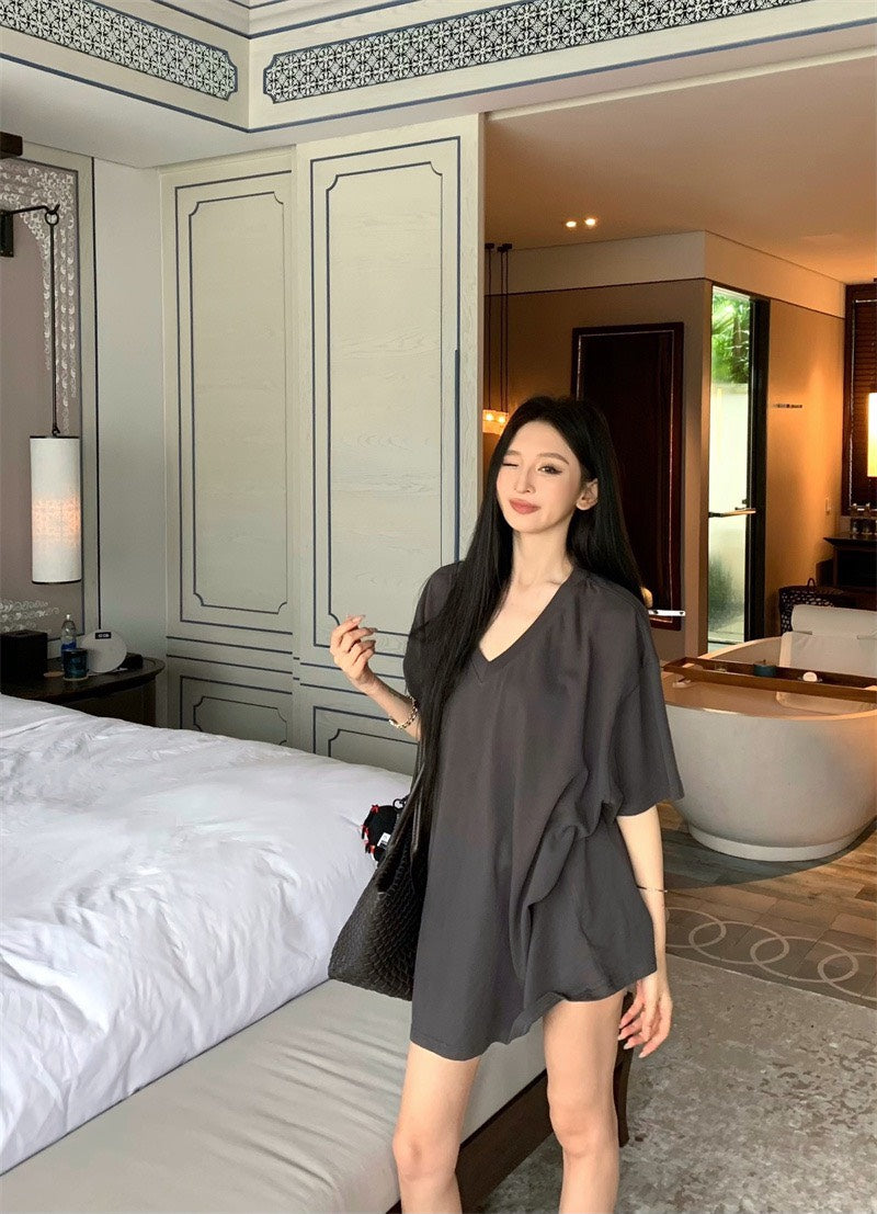 Jun. 在家舒適穿美式寬鬆中長款短袖上衣 灰