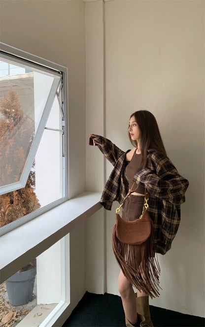 Mar. 復古美拉德 慵懶寬鬆格紋襯衫 消肩背心 修身短褲