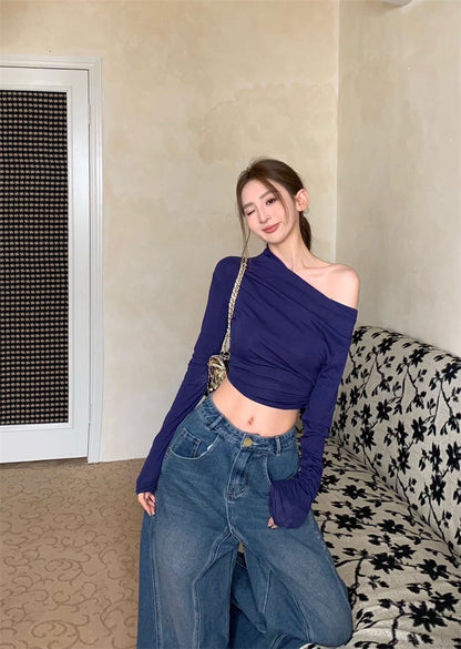 Mar. 休閒高智系 斜肩彈力修身短款長袖上衣 藍紫/杏色