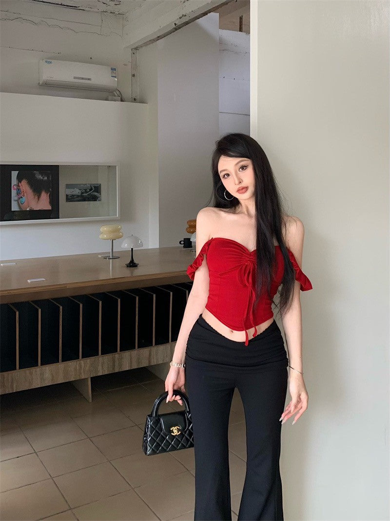 Jun. 日系純欲抽繩顯瘦上衣 藍/紅 黑色高腰休閒褲