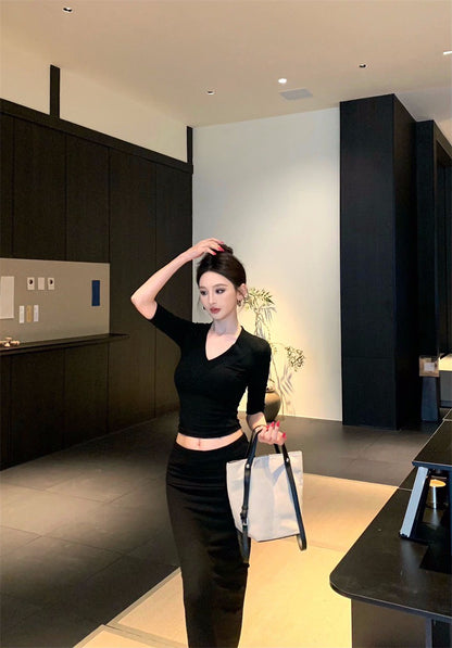 25Sep. 高級感V領五分袖魚尾半身裙套裝 灰/黑