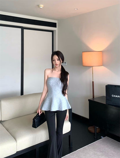 25Nov. 曲線奧斯氣質針織花瓣抹胸 灰