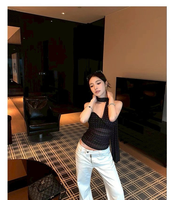 25Aug. 疊影織夢帶胸墊繞頸波點背心 黑