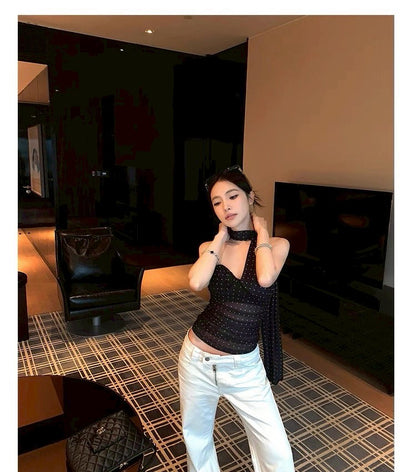 25Aug. 疊影織夢帶胸墊繞頸波點背心 黑