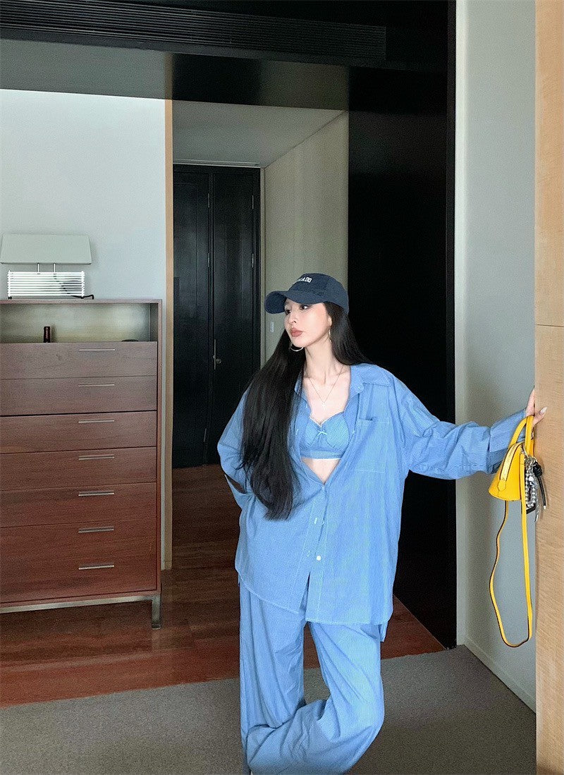 Jun. 慵懶霧透簡約條紋輕氧夏日3件套 藍