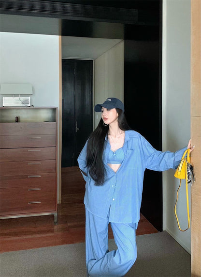 Jun. 慵懶霧透簡約條紋輕氧夏日3件套 藍