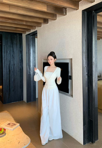 25Nov. 法式純欲感褶皺背心開衫2件組 休閒闊腿褲 米白色系