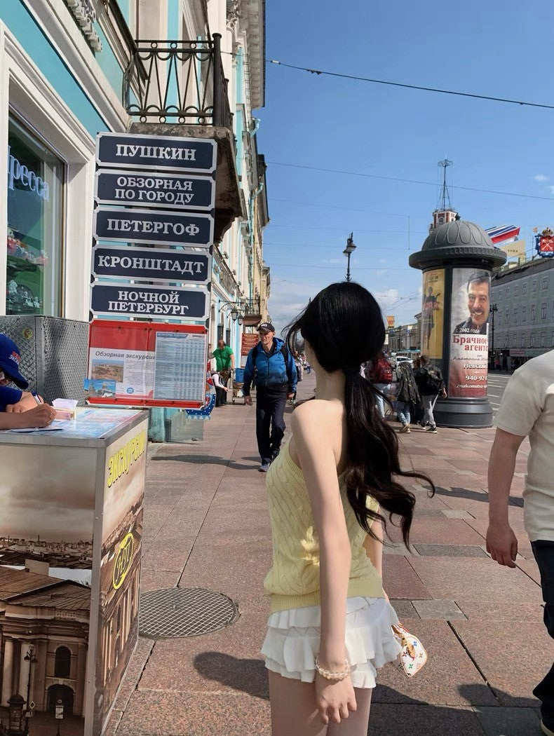 25Aug. 拉夫vintage勞倫單肩針織上衣 白/黃