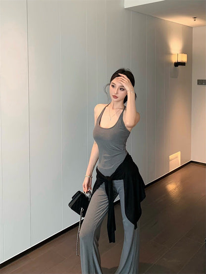 May. Lulu休閒垂垂 美式修身背心休閒褲套裝 黑/灰 黑色開衫
