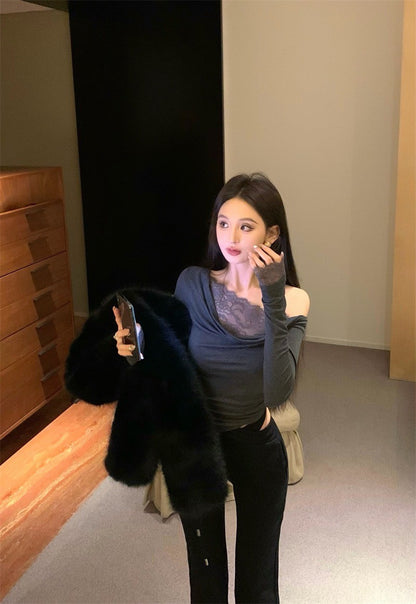 Apr. 輕透舒芙蕾 簡約純色蕾絲拼接領長袖上衣 黑/灰